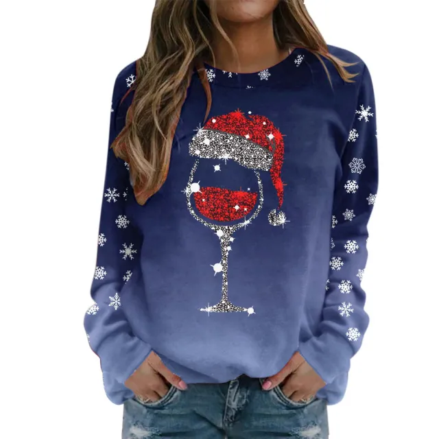 European And American Loose Christmas Sweater Round Neck Print Long Sleeves Blue - Shop at LoveMi