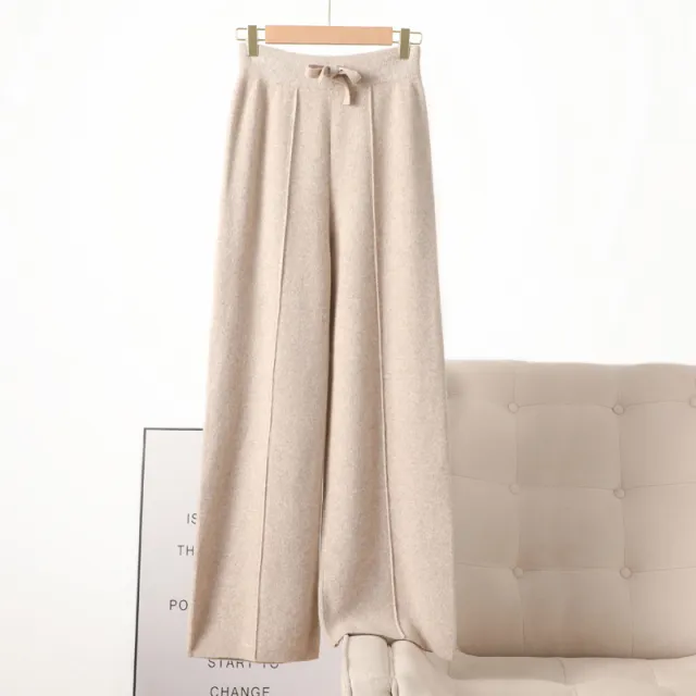 New High Waist Outer Wear Thick Wool Knitted Trousers Drape Camel Color - Shop at LoveMi