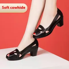Chunky Heel Peep Toe Hollow Velcro Soft Bottom Comfortable Sandals - Black - View 1