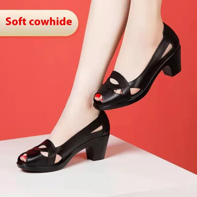 Chunky Heel Peep Toe Hollow Velcro Soft Bottom Comfortable Sandals Black - Shop at LoveMi
