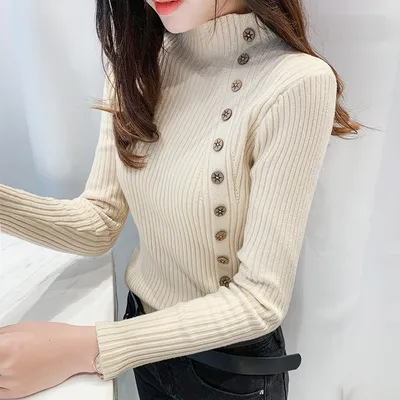 Autumn And Winter New Half Turtleneck Pullover Long Sleeve Slim Fit Sweater Apricot - Shop at LoveMi