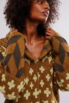 Abstract Print Turn-Neck Loose-Fit Long-Sleeve Knitted Sweater For Women - Yellow - View 1
