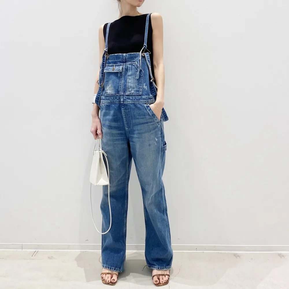 Fashion Casual Washed Classic Blue Suspender Loose Cargo Pants Denim Jumpsuit - Blue