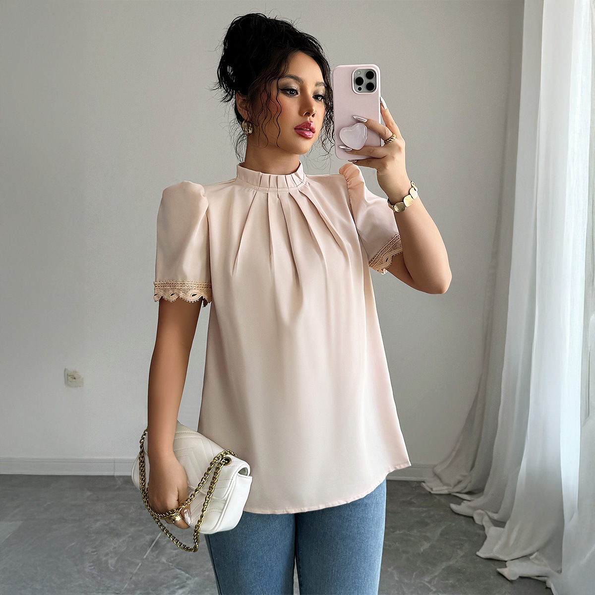 Simple Fashion Style Embroidered Sleeve Round Neck Blouse Women's Shirt