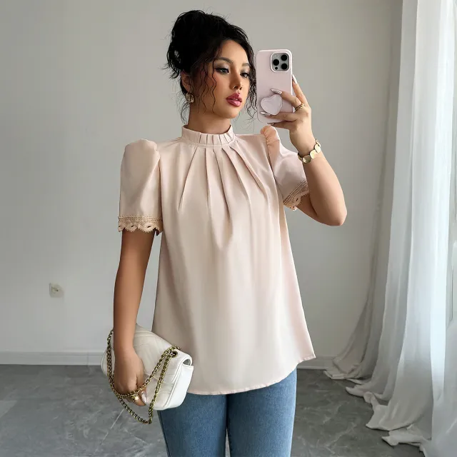 Simple Fashion Style Embroidered Sleeve Round Neck Blouse Women's Shirt Khaki - Shop at LoveMi