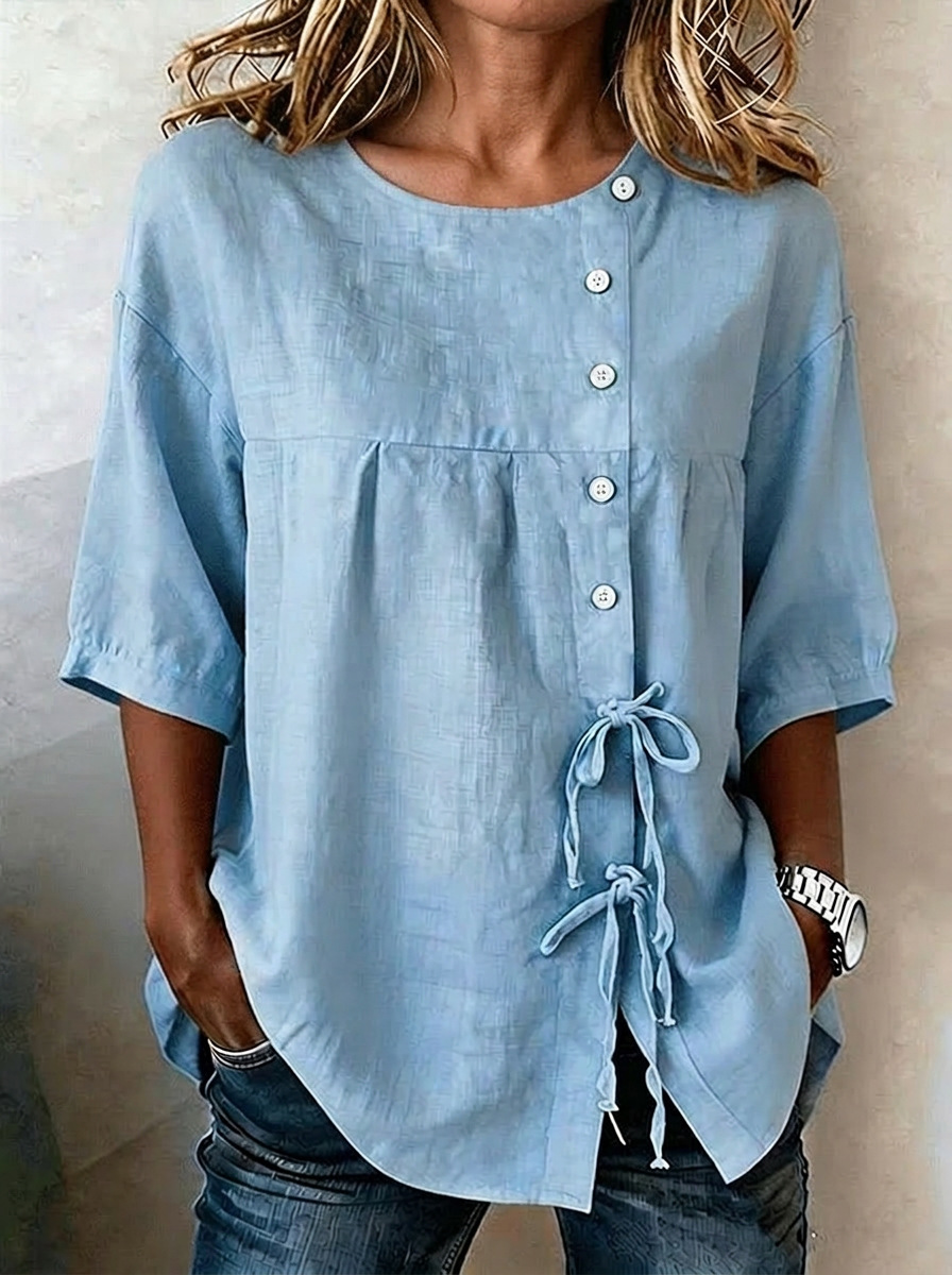 Women's linen lace-up button shirt – blue colorway 3/4 sleeve front view