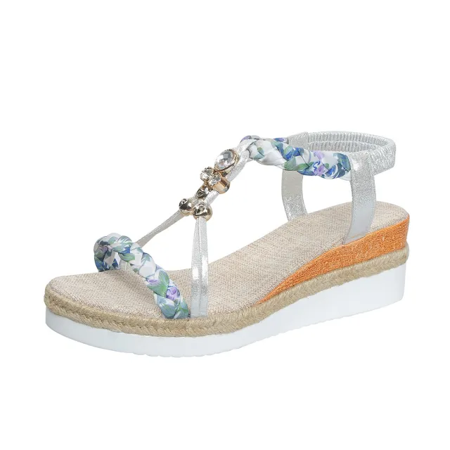 Round Toe Flat Bottom Wedge Sandals For Women Woven Beads Silver - Shop at LoveMi