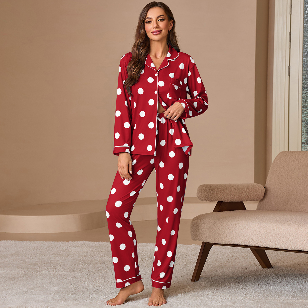 Womens Casual Pajama Set With Long Sleeves And Pants