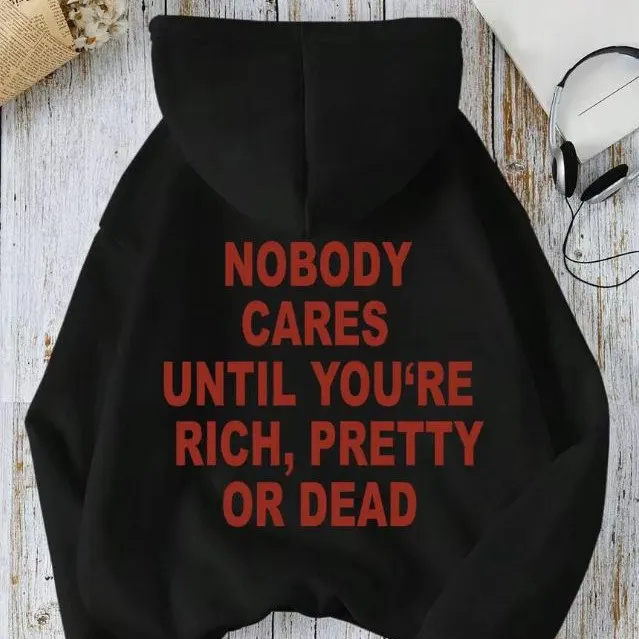 Nobody Care Slogan Printed Hooded Long Sleeve Sweater Black Back Picture - Shop at LoveMi