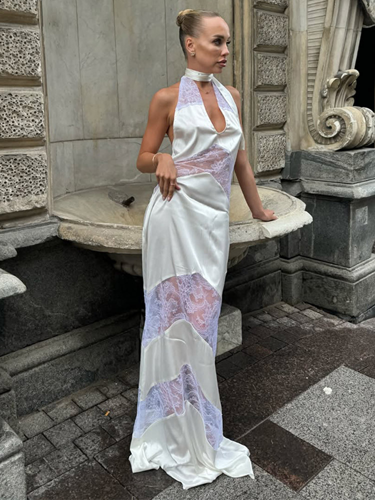 Sexy V neck Lace Spliced Ribbon Backless Halter Dress White - Shop at LoveMi