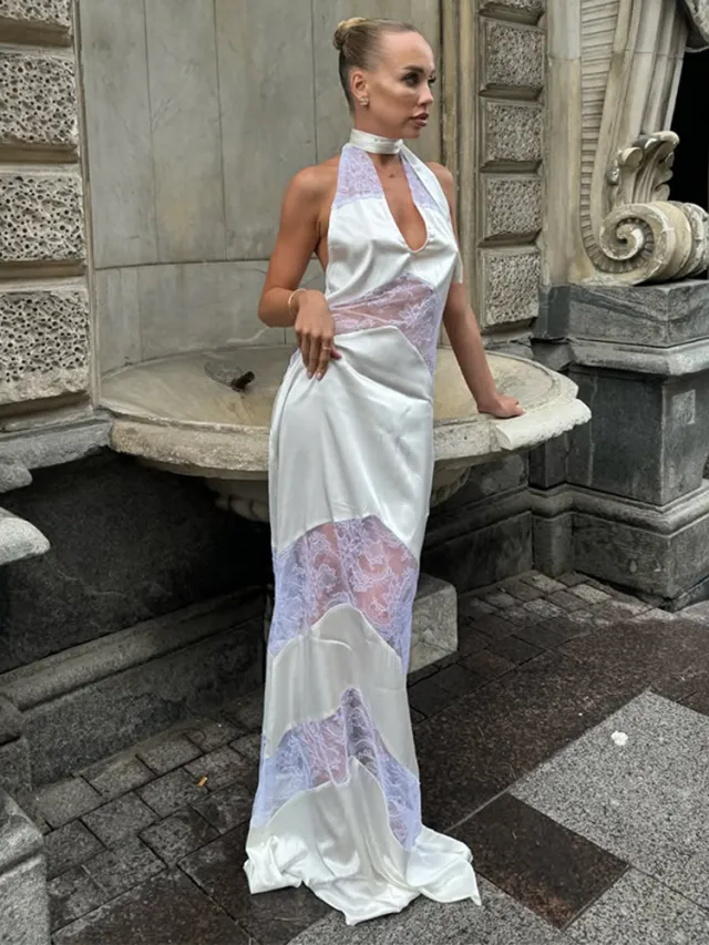Sexy V neck Lace Spliced Ribbon Backless Halter Dress White - Shop at LoveMi