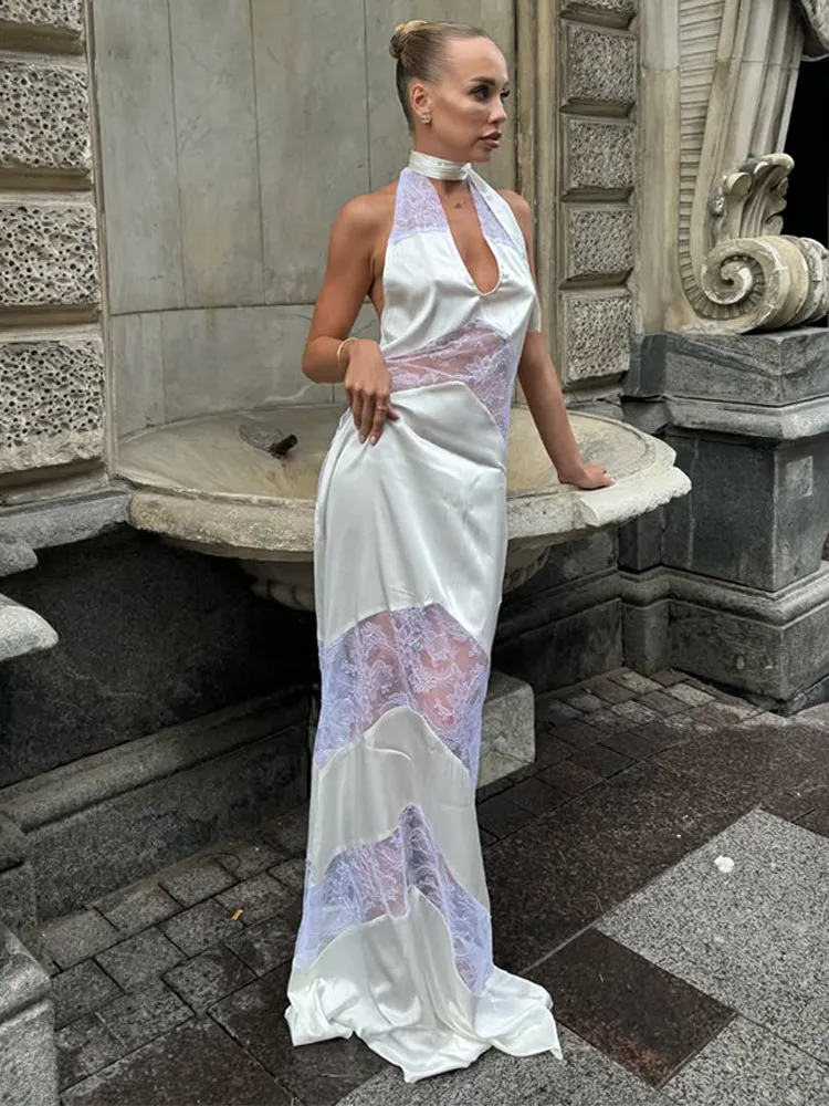 Sexy V-neck Lace Spliced Ribbon Backless Halter Dress - White
