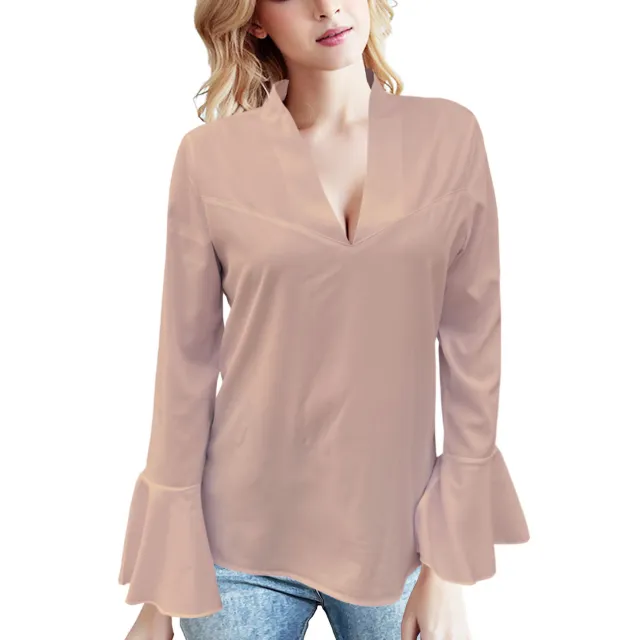 European And American Low Cut Rhinestone High Collar Solid Color Lotus Leaf Long Sleeve Shirt Peach - Shop at LoveMi