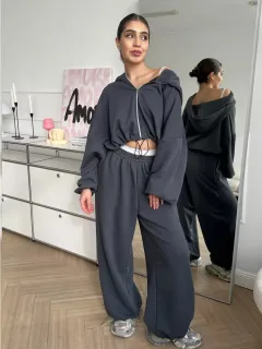 Women's Casual Solid Colour Long Sleeve Zipper Sweatshirt Sweatpants Two-piece Set - Dark Grey - View 1