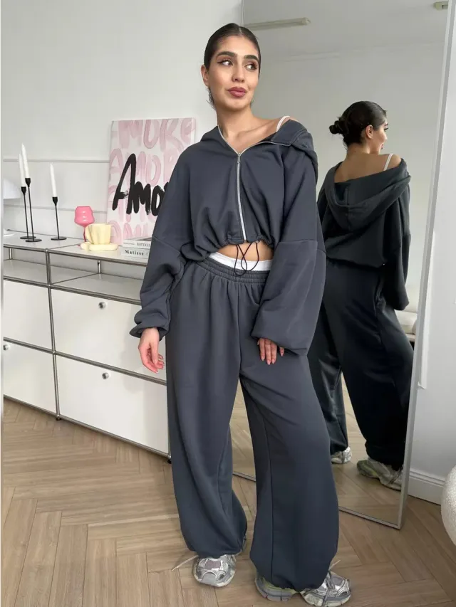 Women's Casual Solid Color Long Sleeve Zipper Sweatshirt Sweatpants Two piece Set Gray - Shop at LoveMi