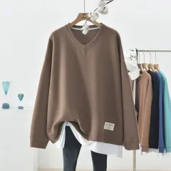 Waffle Stitching False Two-piece Sweaters Women's Autumn Loose Oversized Long Sleeves V-neck - Coffee - View 1