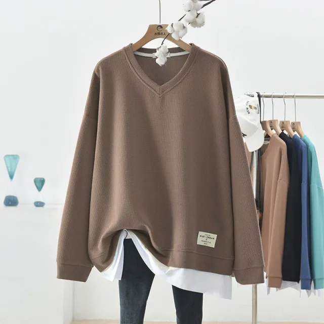 Waffle Stitching False Two piece Sweaters Women's Autumn Loose Oversized Long Sleeves V neck Coffee - Shop at LoveMi