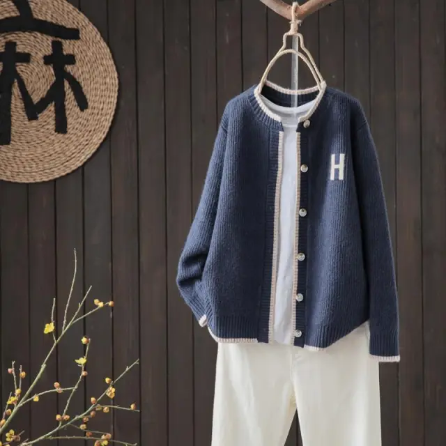 Round Neck Single breasted Knitted Cardigan Women's Loose Coat Navy Blue - Shop at LoveMi
