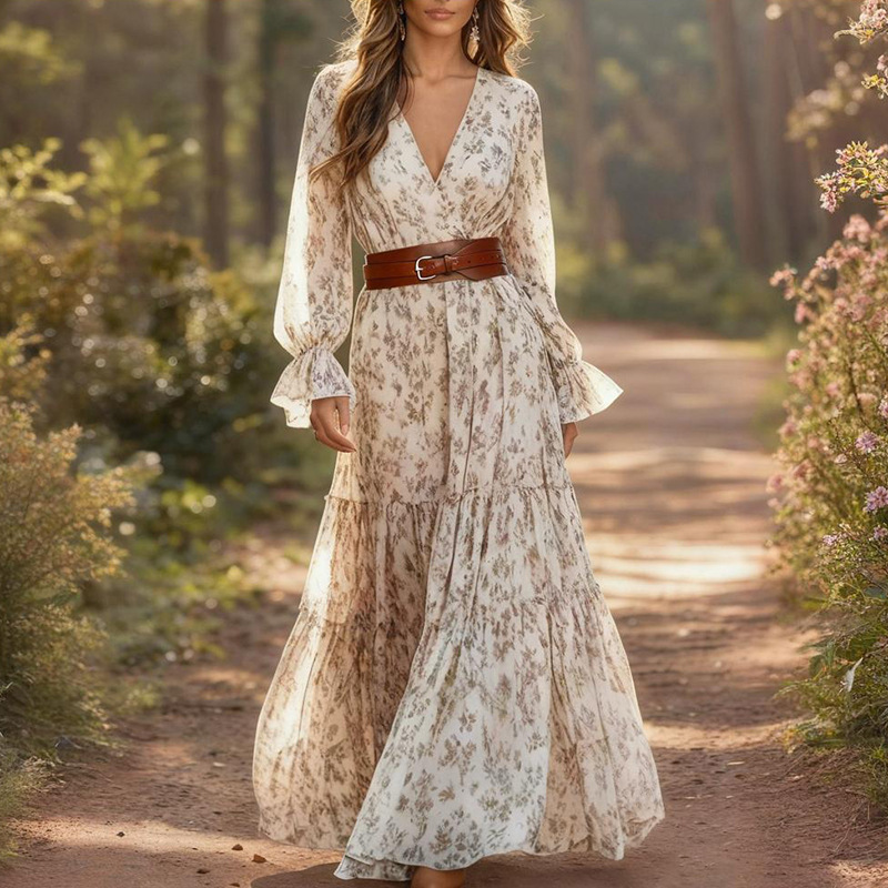 Spring New Womens Printed V-Neck Dress