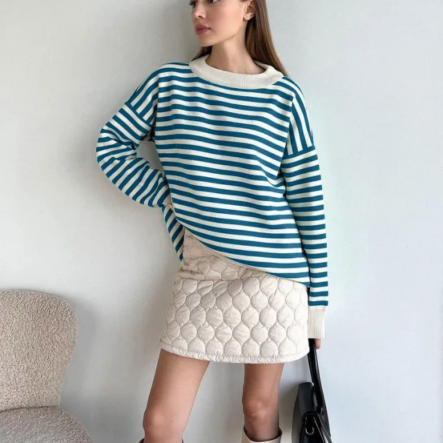 Sweater Women's Casual Round Neck Sweater Pullover Woolen Top Blue - Shop at LoveMi