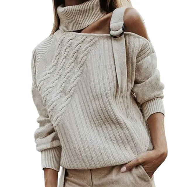 Solid Color Shoulder baring Sweater Cross border Women's Clothing Beige - Shop at LoveMi