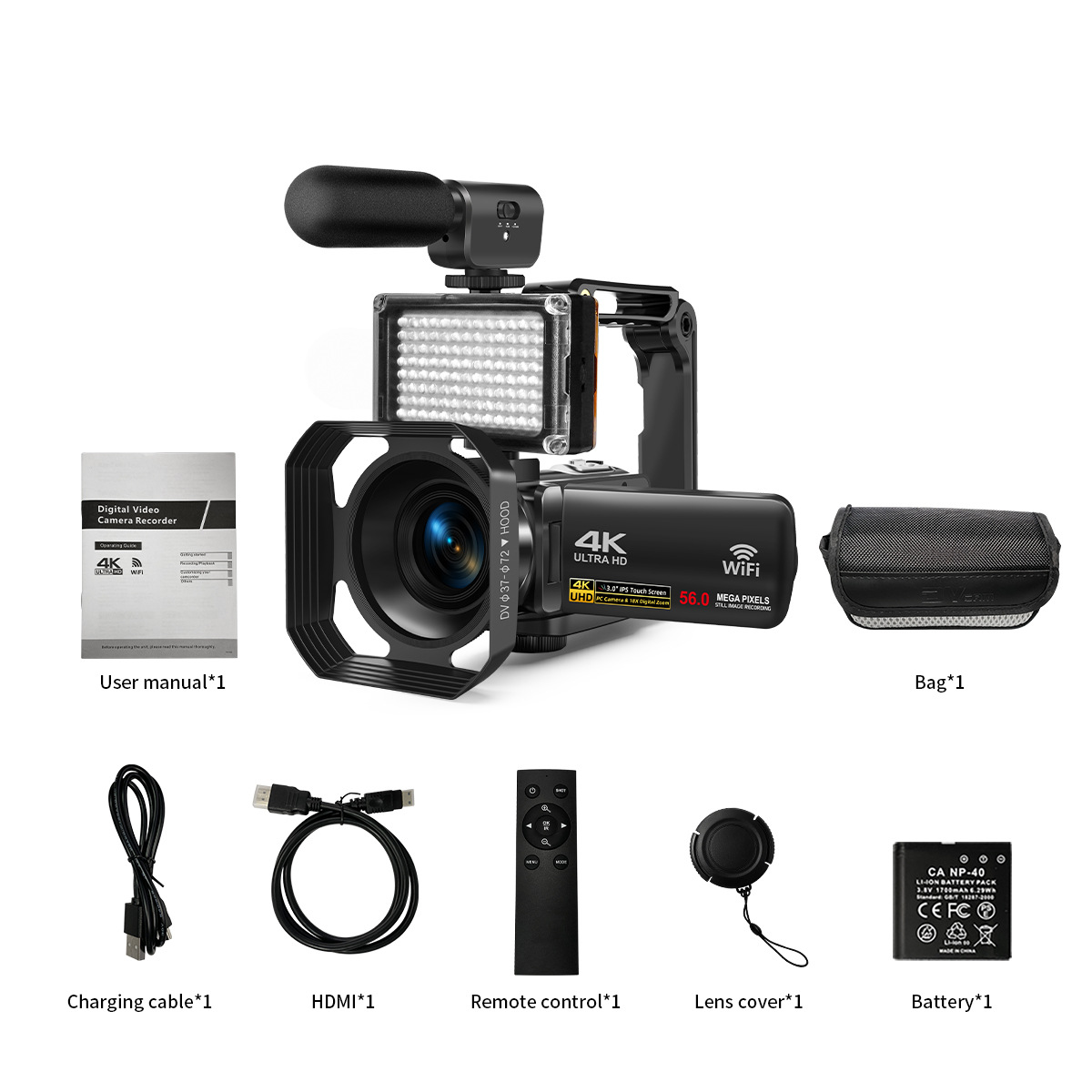 4K-digitale camcorder met windbestendige microfoon en invullicht – accessoires inbegrepen