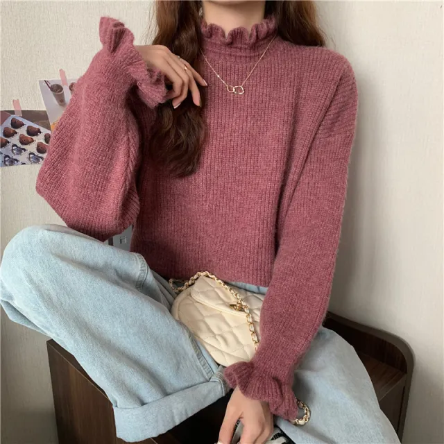 Red Wooden Ear Half Turtleneck High grade Sweater Sweater Red - Shop at LoveMi