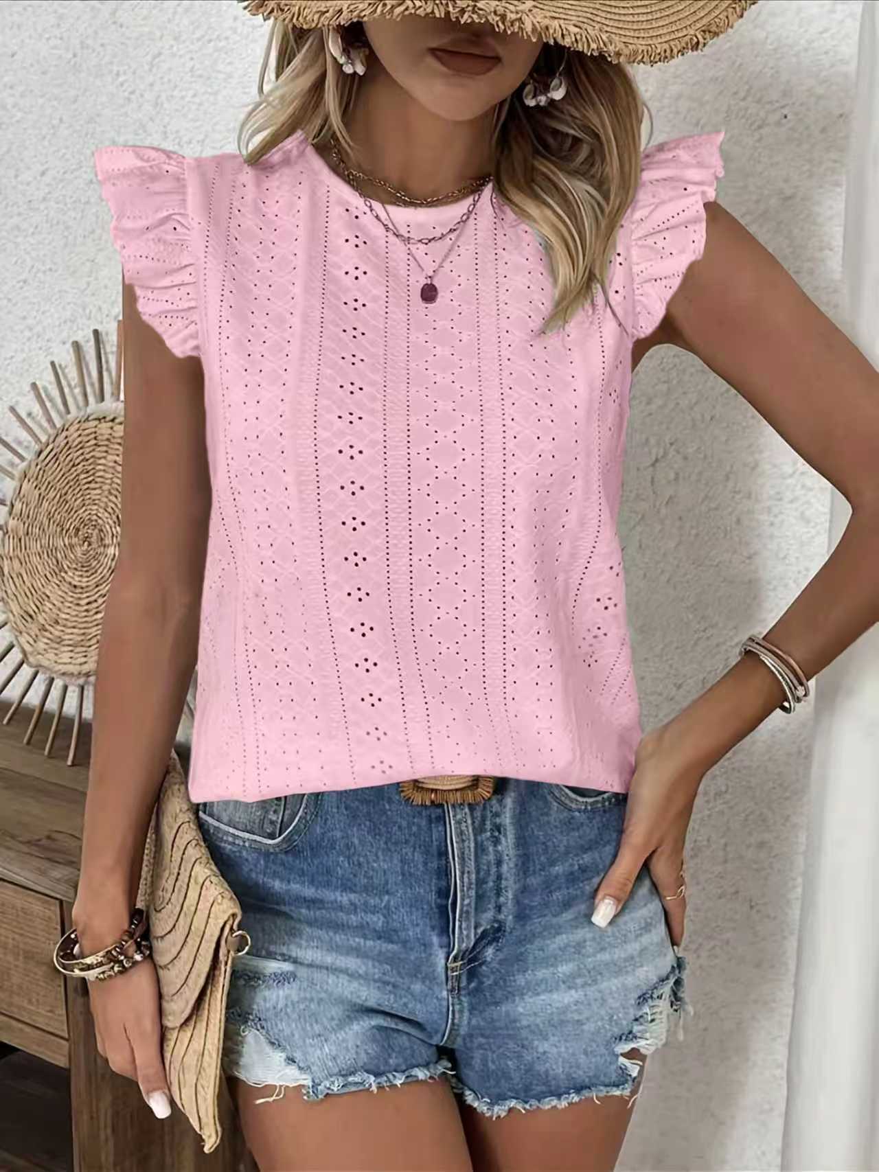 Womens Solid-Color Top With Ruffle Sleeves And Back Tie 5654b960 3c51 4205 8df7 505722f8b036