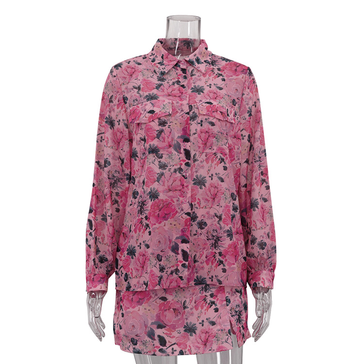 Fashion Lapel Long Sleeve Shirt Short Skirt Two-piece Set For Women