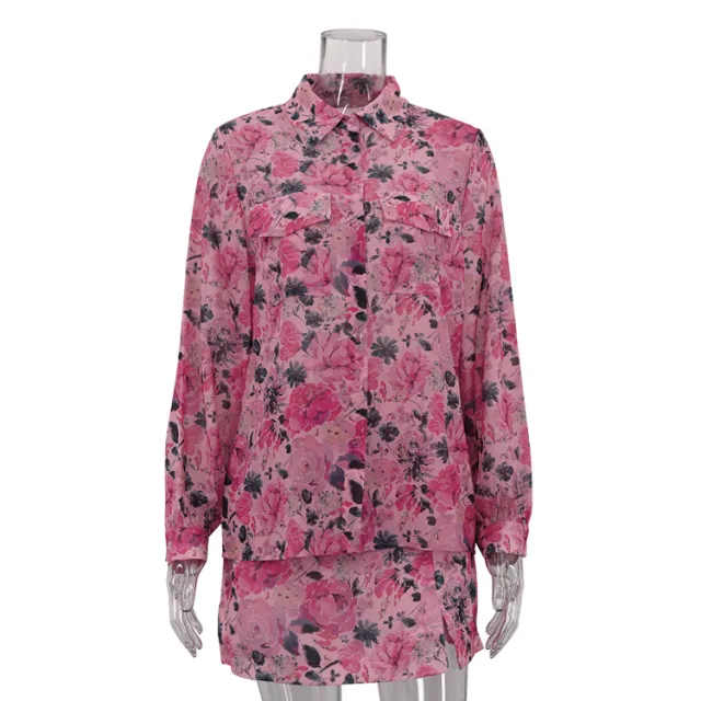 Fashion Lapel Long Sleeve Shirt Short Skirt Two piece Set For Women Pink - Shop at LoveMi