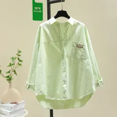 Women's Cotton Long-sleeved Shirt Fashionable Loose Cardigan Shirt - Green - View 1