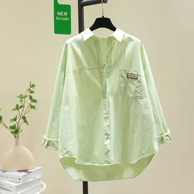 Women's Cotton Long sleeved Shirt Fashionable Loose Cardigan Shirt Green - Shop at LoveMi
