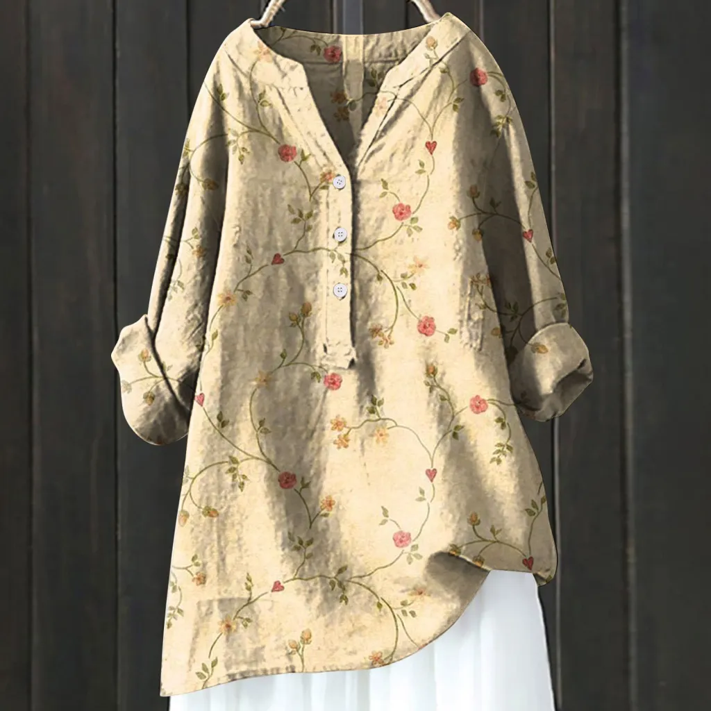 Long Sleeve Slub Linen Comfort Printing All-matching Shirt - Xl240533 Hcy8-5Xl