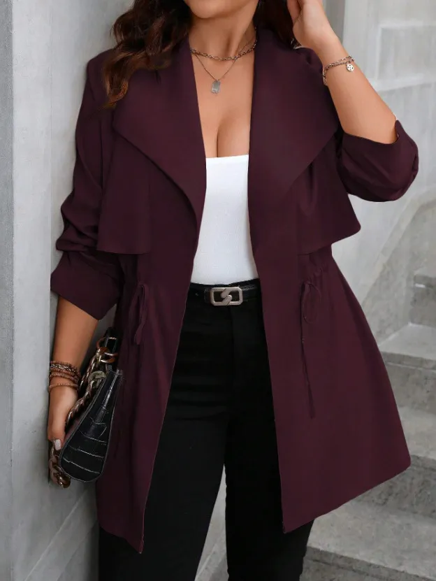 Drawstring Large Lapel Mid length Trench Coat Purplish Red - Shop at LoveMi