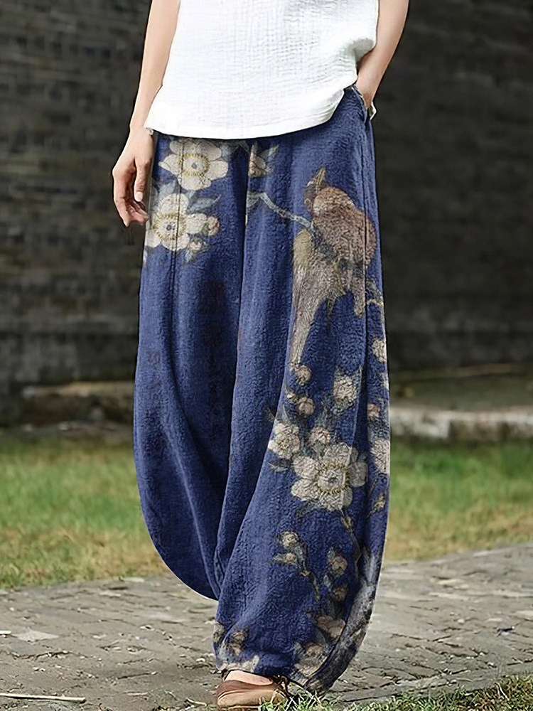Womens Retro Artistic Floral Print Casual All-Match Pants