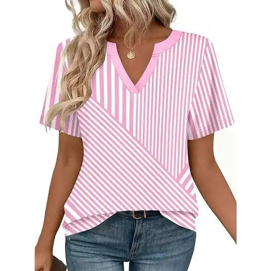 V-neck 3D Digital-print Versatile Slimming Short-sleeve T-shirt