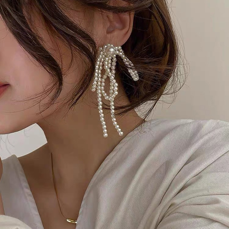 925 Silver Needle Long Tassel Pearl Earrings With A Bow Design