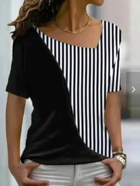Women's Fashion Irregular Collar Printed T shirt Black - Shop at LoveMi