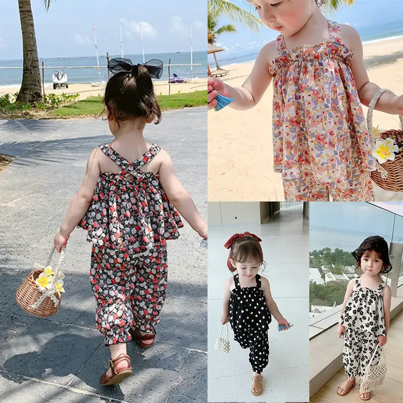 Summer Girls' Flower Sling Top Blouse And Pants