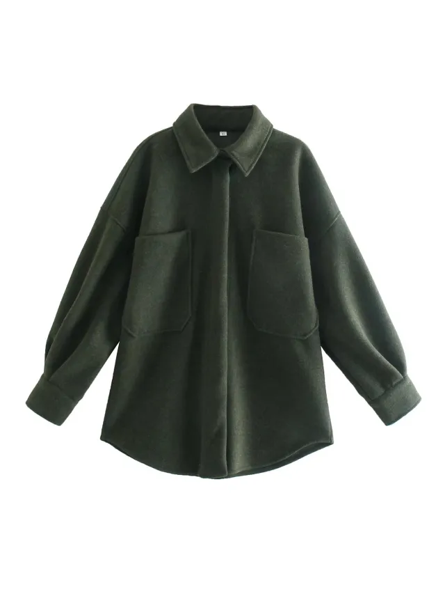 Vintage Woolen Shirt Top Spring Winter New Loose Profile Shirt Coat Dark Green - Shop at LoveMi