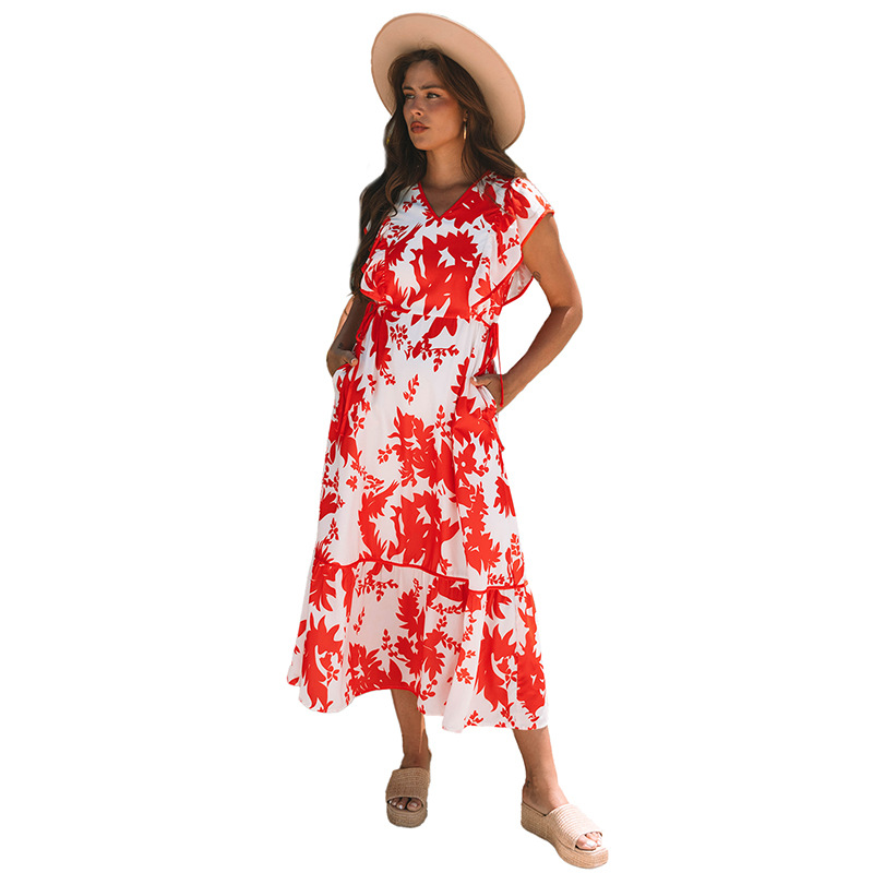 European And American Fashion Flower Printed V neck Dress Women Red - Shop at LoveMi