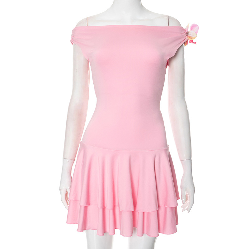 Three dimensional Flower Pleated Short Dress Pink - Shop at LoveMi