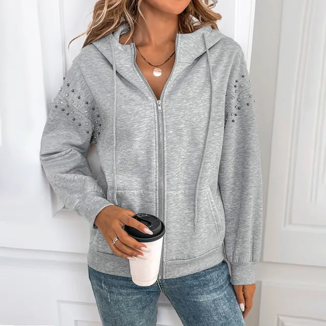 Hooded Long Sleeve Sweater Rivet Fashion Women Light Gray - Shop at LoveMi