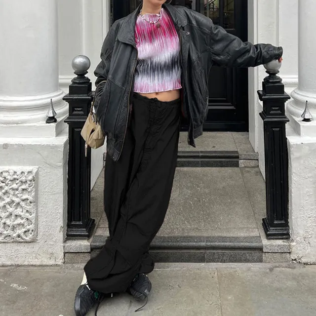 Tooling Elastic Band Drawstring Low Waist Wide leg Casual Pants Black - Shop at LoveMi