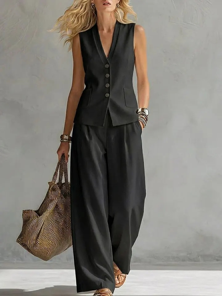 Womens Solid-Colored Sleeveless Casual Linen Tank Top And Pants Set 7