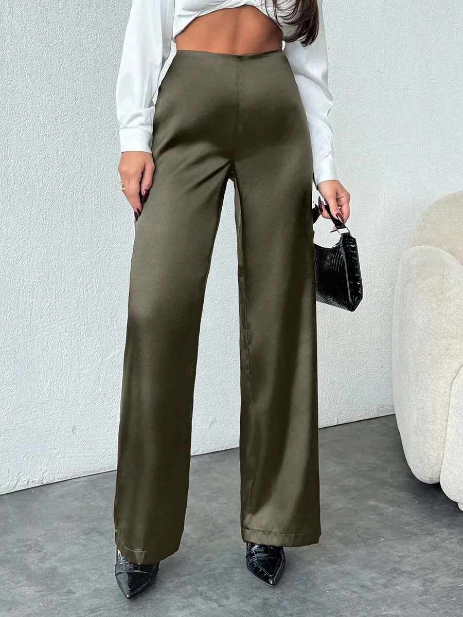 Women's Solid-Colored Casual Loose Satin Wide-Leg Pants - Army Green