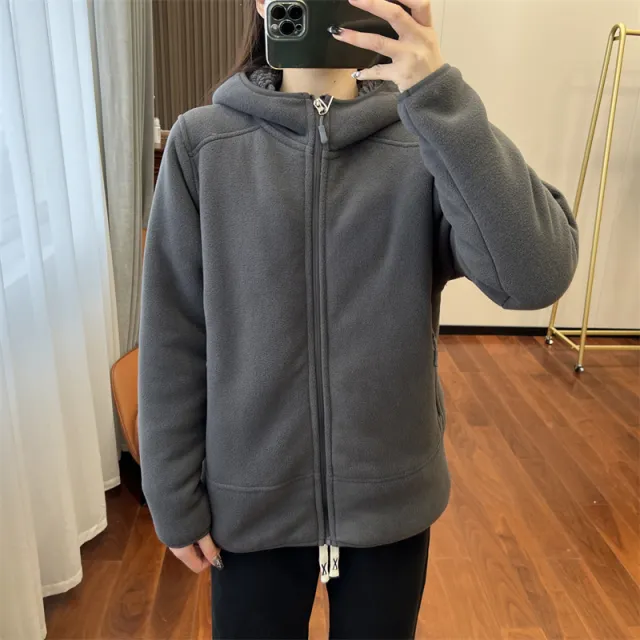 Double sided Polar Fleece Zipper Hooded Thickened Couple Sweater Women Gray - Shop at LoveMi