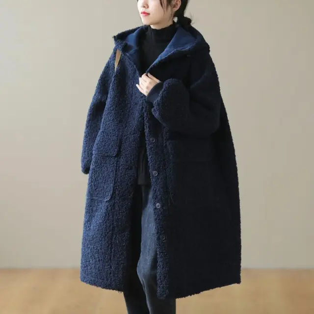 European And American Plus Size Loose Lamb Wool Younger Hoodie Padded Coat Women Blue - Shop at LoveMi
