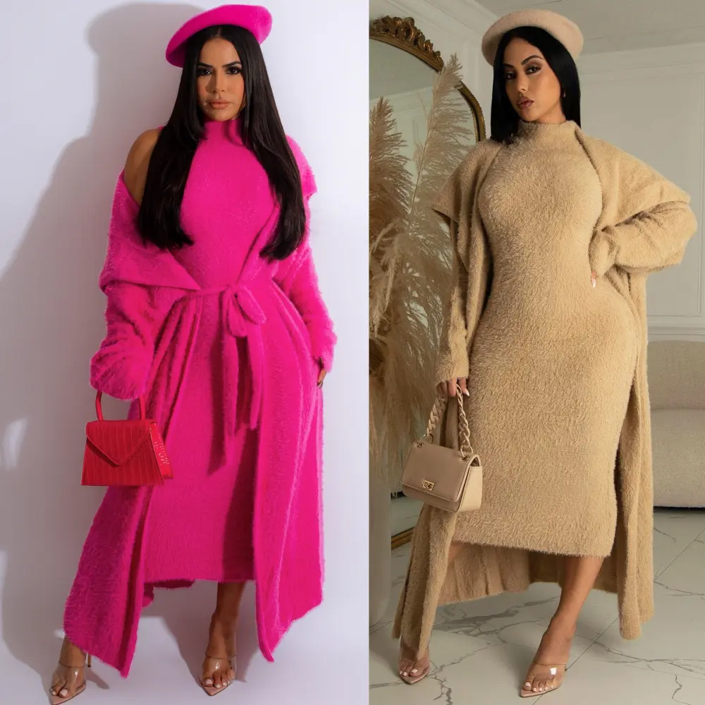 Autumn and Winter Elegant Dress Long Cardigan Velvet Two-piece