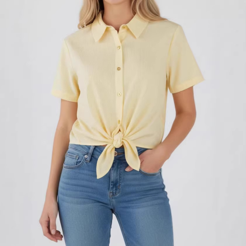 Womens Cropped Short-sleeve Lapel Blouse